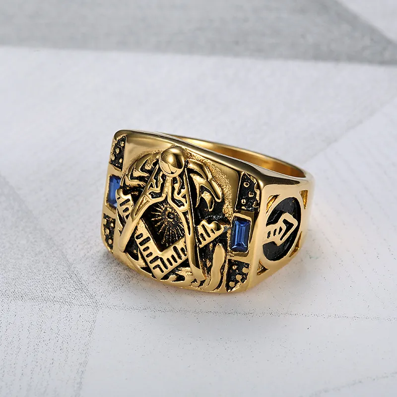 Popüler Mavi Sapphire CZ Freemason Masonic Erkekler Yüzükler 316L Paslanmaz Çelik Ücretsiz Mason Master Signet Pusula Ve Kare Fırtıllık Öğe Yüzük Takı Yüksek Kalite