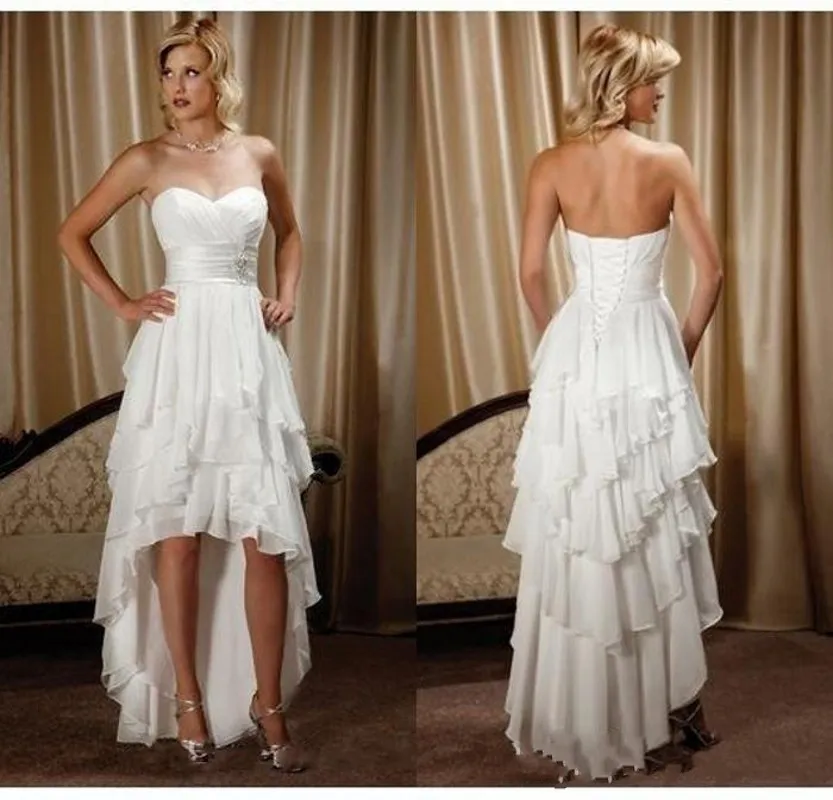 2020 Neuankömmling Hi-Lo Chiffon Strandhochzeitskleider Günstige Perlenschärpe Schatz Country Western Hochzeit Brautkleider 052