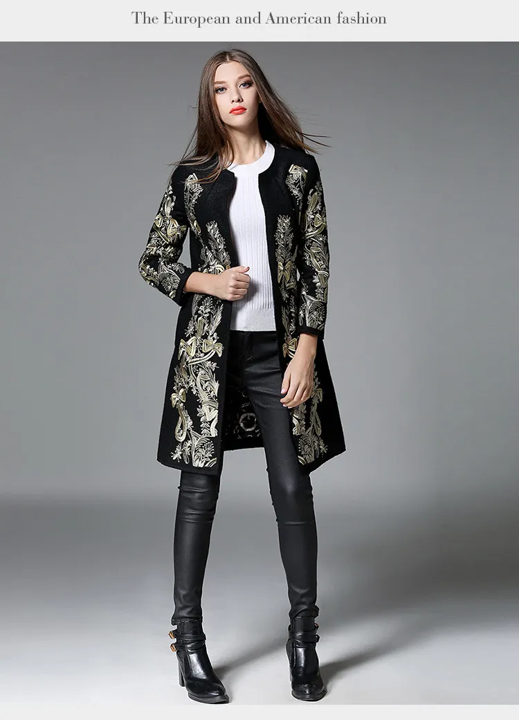 Inverno Runway Designer Outerwear das Mulheres de Alta Qualidade Impressionante Luxuoso Retro Floral Bordado mulheres De Lã Casaco de lã mistura