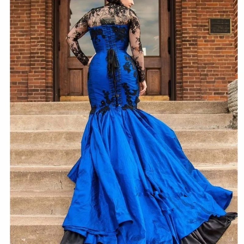 Blue Black Lace Mermaid Evening Dresses With Sheer Long Sleeve Jacket 2022 Mother Dress Formal Prom Party celebrity Evening Gowns