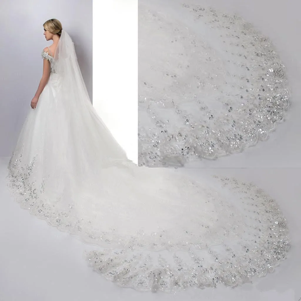 Long One Tier Lace Edge Cathedral Veil With Sequins Wedding Veils