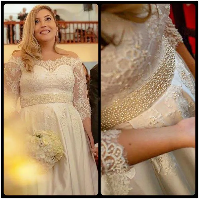 Pérolas Frisado Lace Off Ombro Vestidos de Casamento Meia Manga Longa A LINHA Vestidos de Noiva Até O Chão Vestidos de Casamento Custom Made