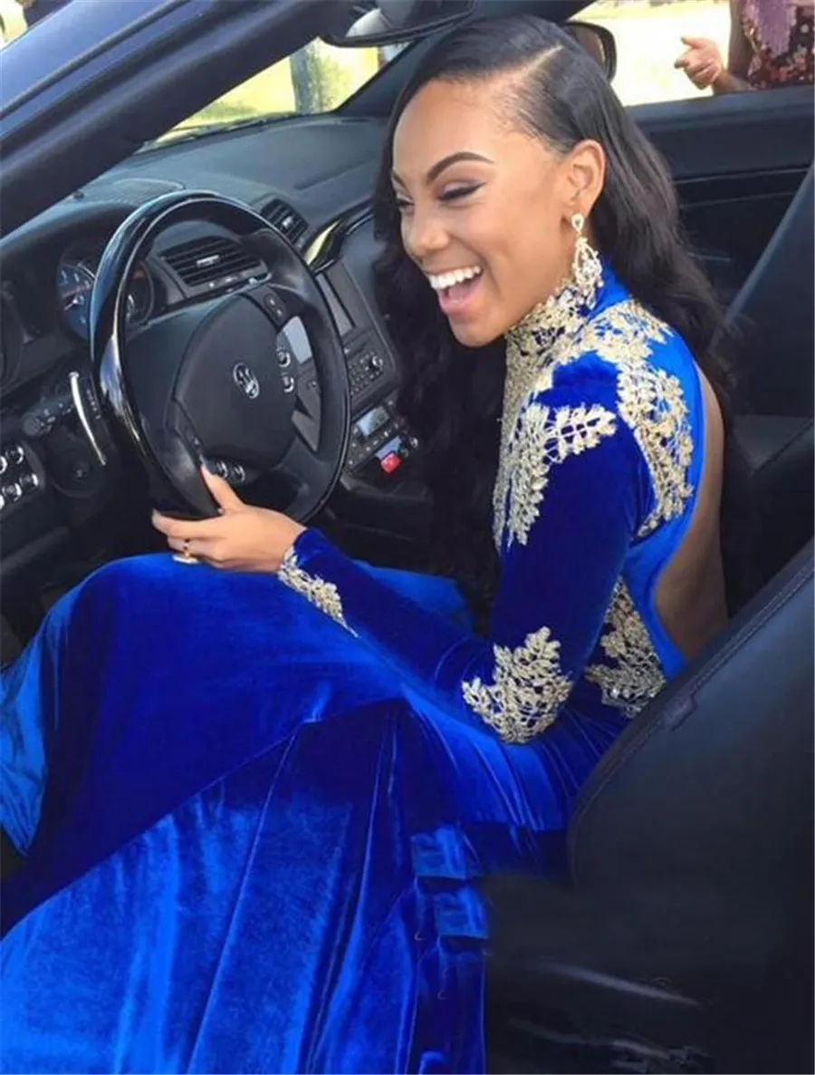 Appliques Elegant Royal-Blue Mermaid High-Neck Long-Sleeves Prom Dress Velvet Crystals Open Back Evening Dress vestido largo de fiesta