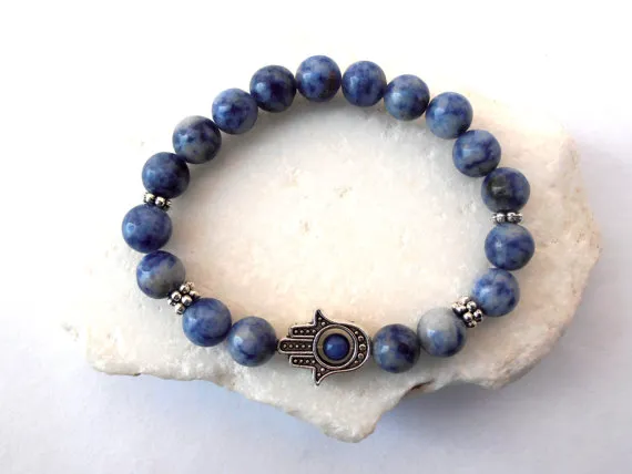 SN0578 bracelet Hamsa pour homme bracelet de méditation jaspe bleu bracelet de perles en pierre naturelle bracelet à breloques main Hamsa