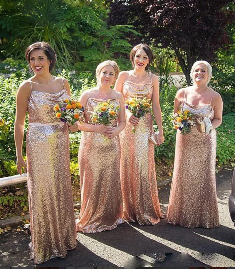 Sparkly lovertjes Arabische stijl goud roze bruidsmeisje jurken spaghetti schede lovertjes bruiloft jurken lange goedkope avond formele jurken