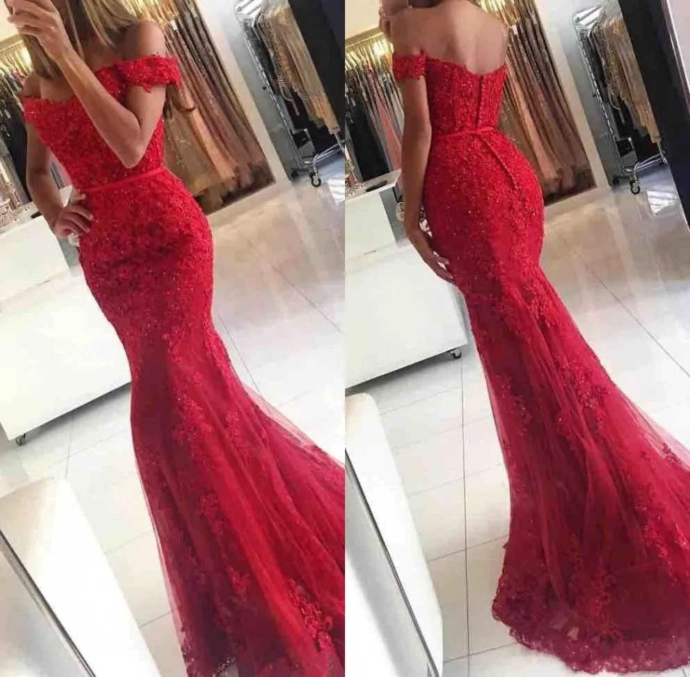 Glamoureuze zeemeermin rode kanten jurken avond slijtage van de schouder backless prom jurken plus size formele speciale gelegenheid dragen