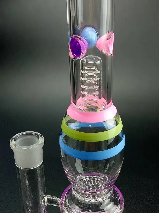 Beau verre arc-en-ciel Bong Dab Rig Pipe à eau Style de pneu Diffuseur en nid d'abeille Percolateur avec joint femelle 18mm Hauteur 14 pouces bongs en verre f