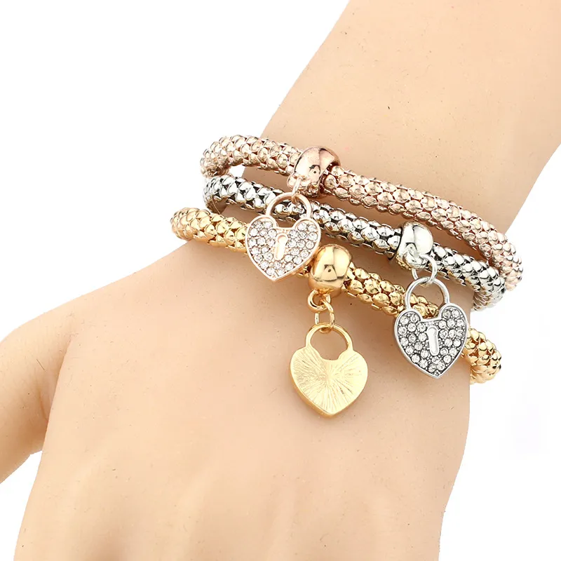 Mode Smycken Armband 3 stycken Set Tre-Färg Elastisk Kristall Bar Setting Kvinnor Bangle Owl Heart Charm För Armband Smycken Making