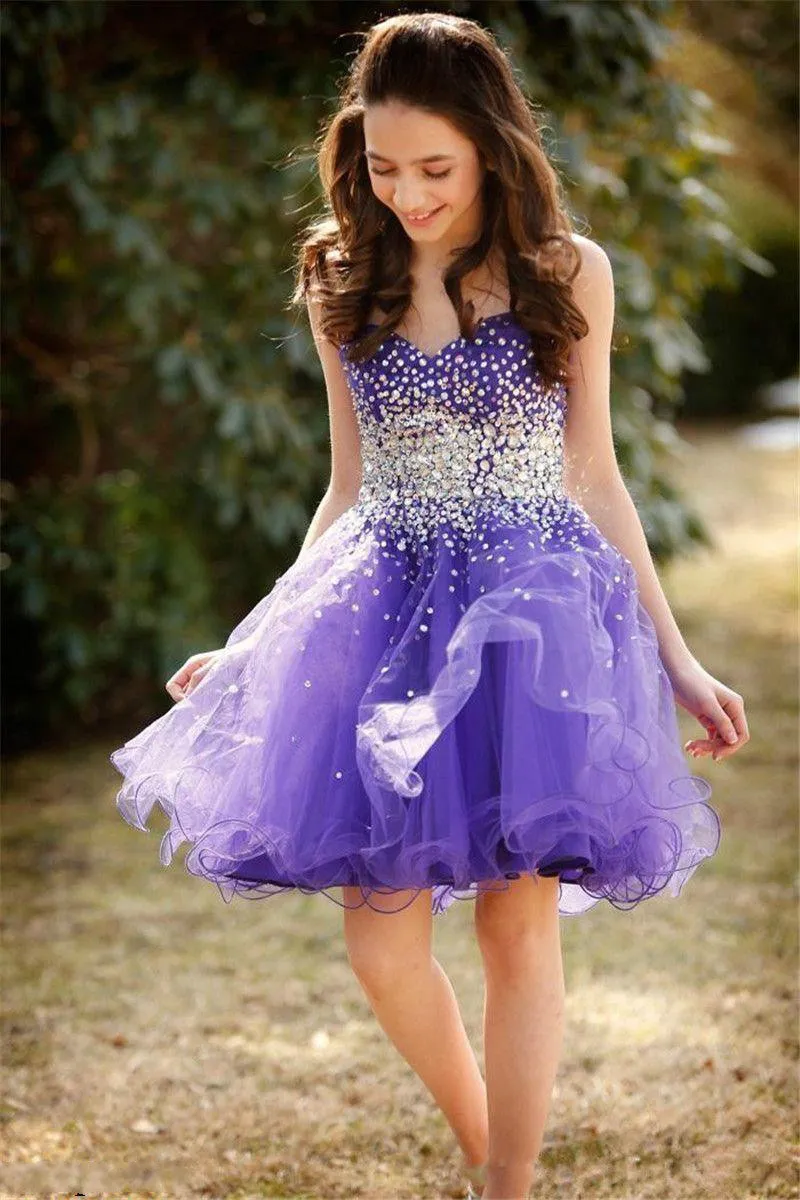 Purple Sexy Organza Girls Pageant Dresses Sweetheart Mini Short Pageant Dresses For Teens Crystal Juniors Flower Girl Gown 2017 8T 14T Girl