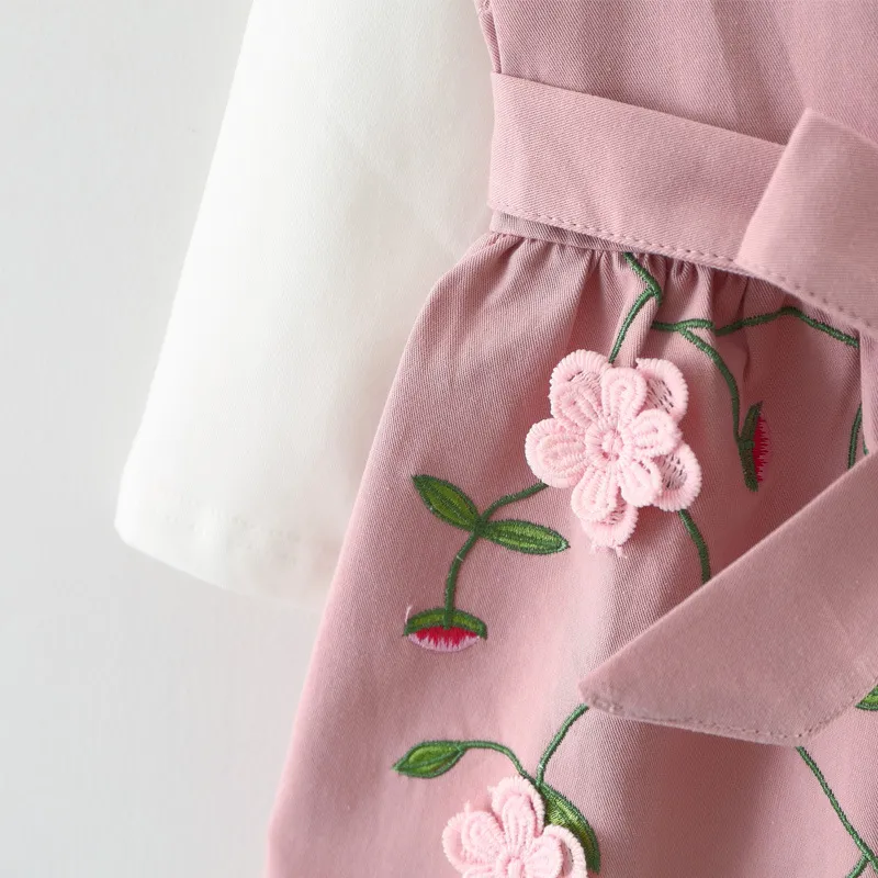 Новый дизайн корейский девочки платье дети осень весна 3D вышитый цветок длинным рукавом платье 2 шт./комплект высокое качество