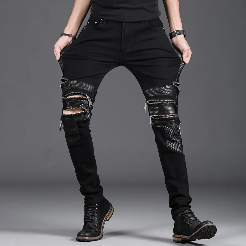 New Rrtro Mens Jeans Elastic Slim Straight Pants Cool Black Zipper ...