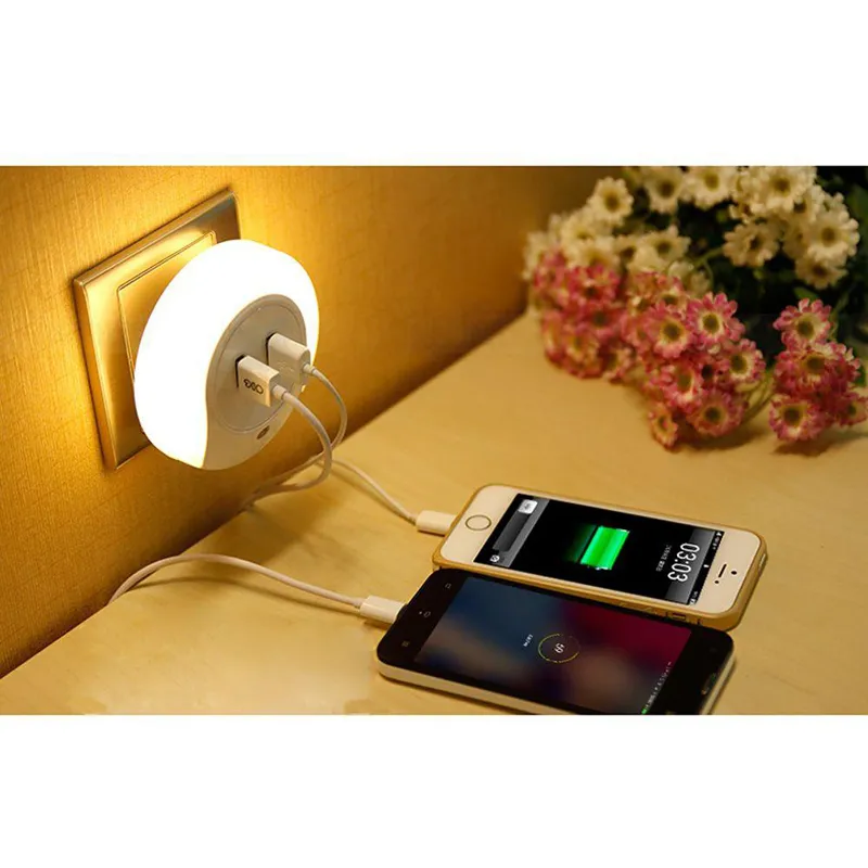 Multifunction LED Night Lights with Light Sensor and Dual USB Wall Plate Charger Smart Design Light for Bedrooms AC100-240V to 5V 2A