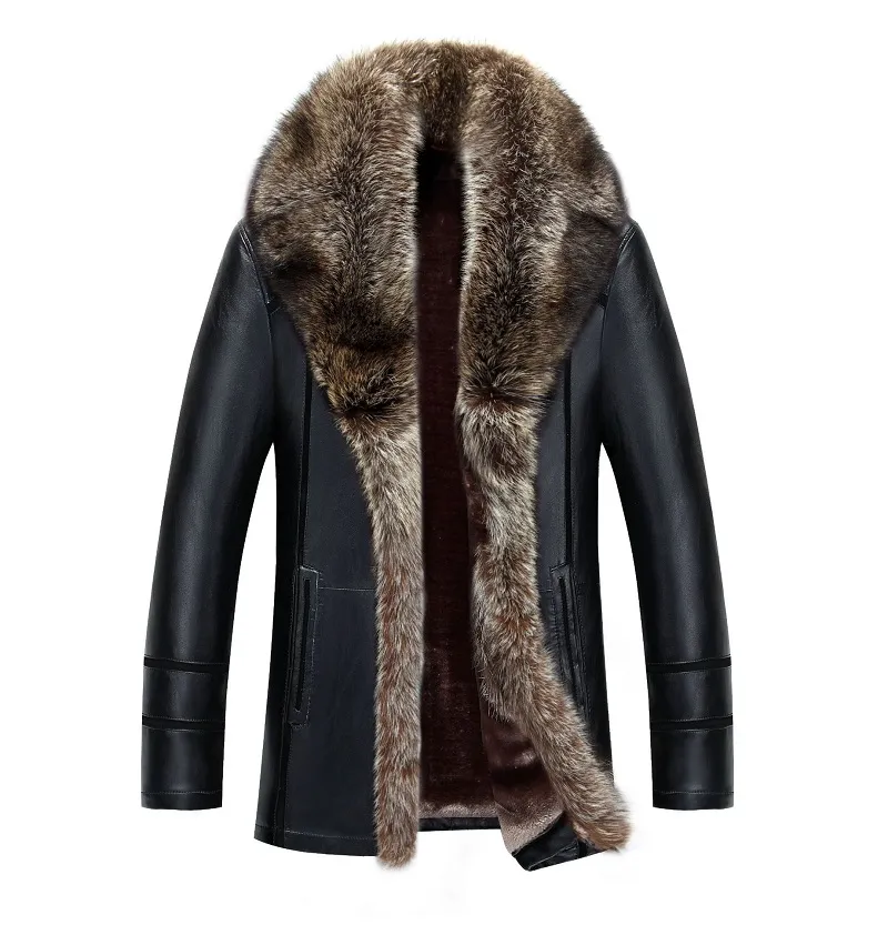 Winter Leather Jacket For Man Fur Coats Real Raccoon Collar Thicken Warm Tops Outerwear Overcoat Windbreakers Plus Size s-5xl