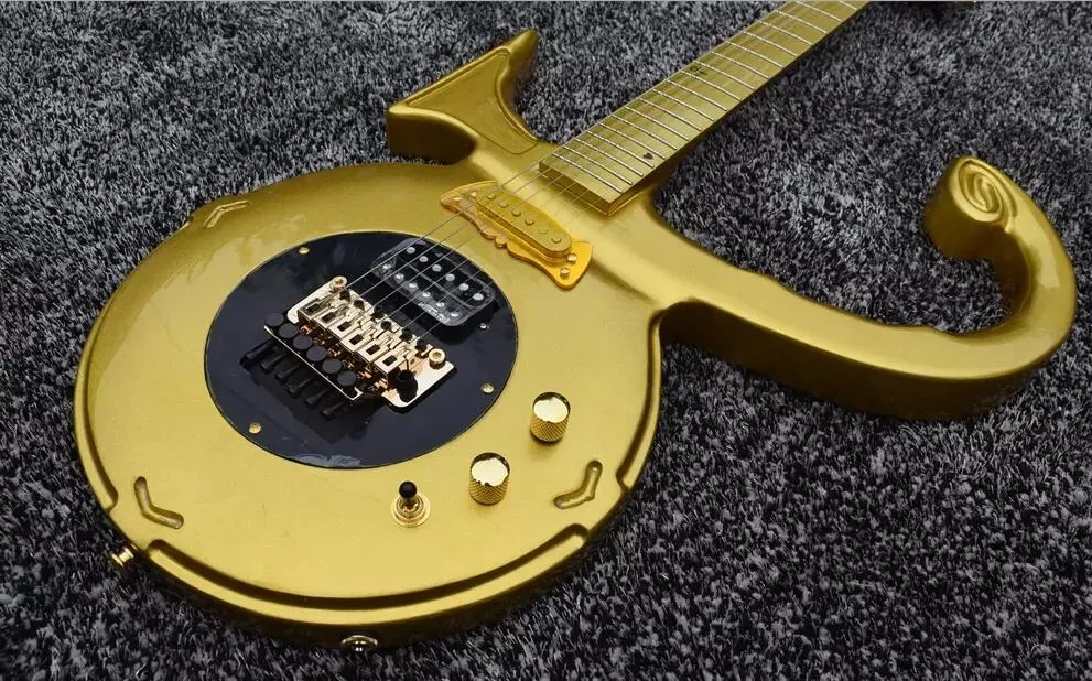 Rzadka gitara w kształcie Jerry Auerswal Gold Prince Love Symbol Symbol Gitara Elektryczna Floyd Rose Tremolo Bridge Gold Single Pickup, Czarny PictuGuard