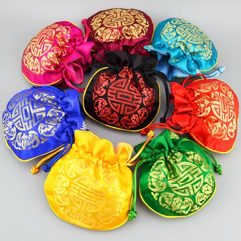 Chinese Joyous Pattern Small Silk Brocade Bag Drawstring Jewelry Gift Pouches Coin Pocket Empty Tea Candy Bag Wedding Party Favor