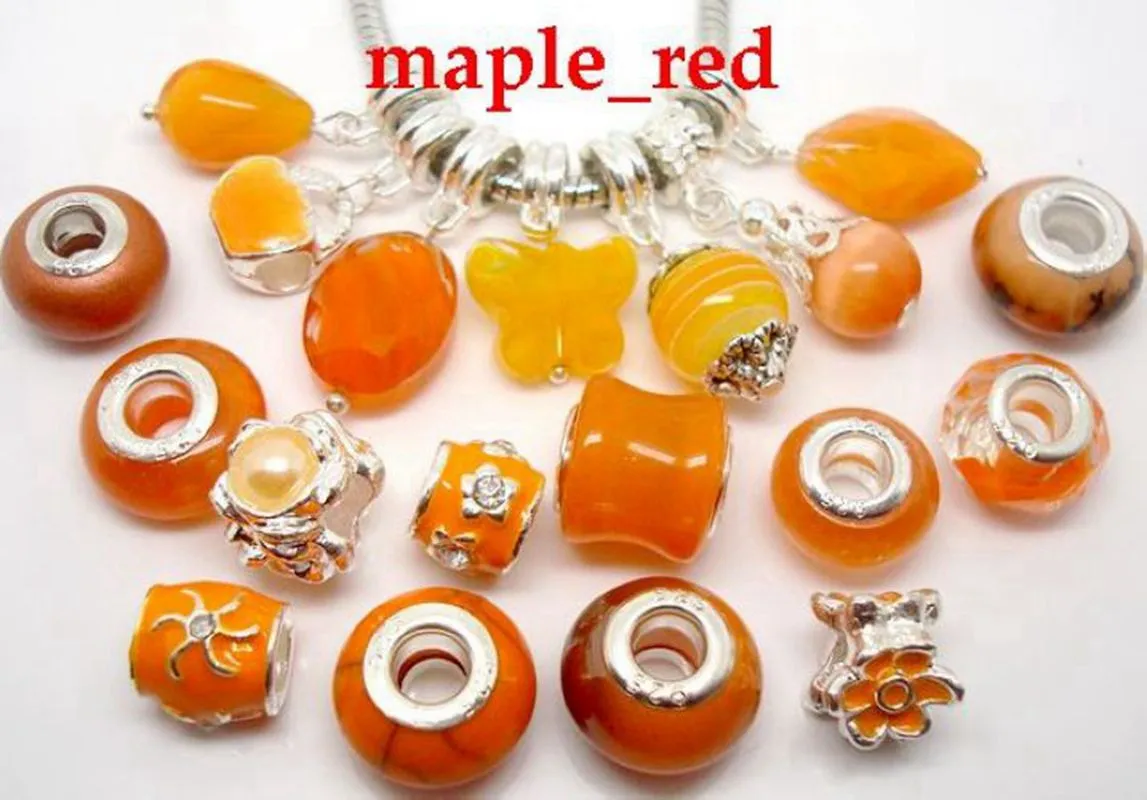 Hela i bulk 100 st mycket blandad orange färg charm för smycken som gör lösa diy stora hål charms för europeiska armband280l