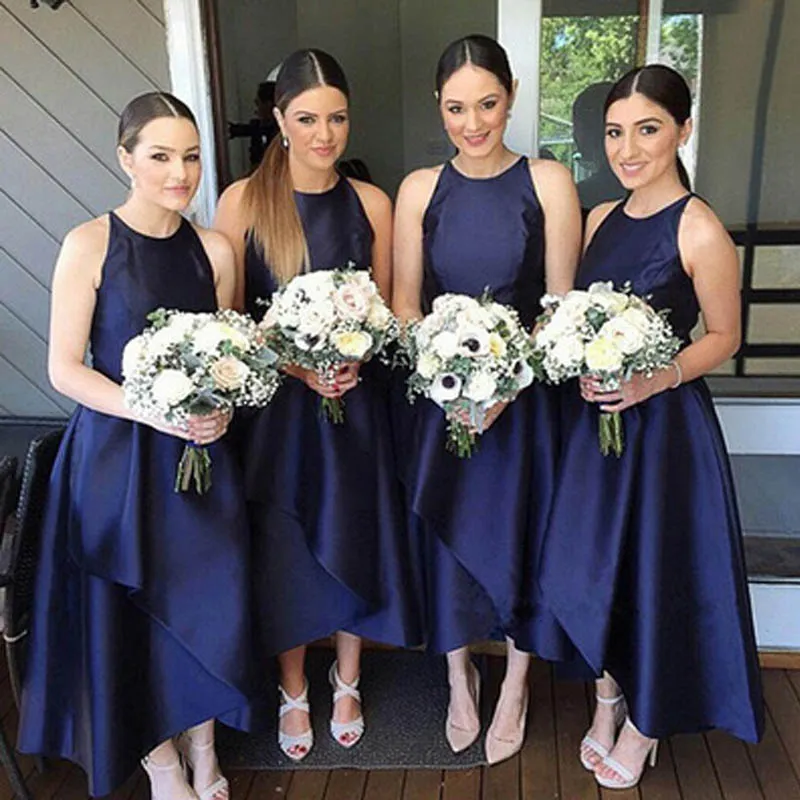 Thee lengte bruidsmeisje jurken asymmetrische bruidsmeisjes jurken juweel hals mouwloze op maat gemaakte blauwe meid van eer jurken voor bruiloft
