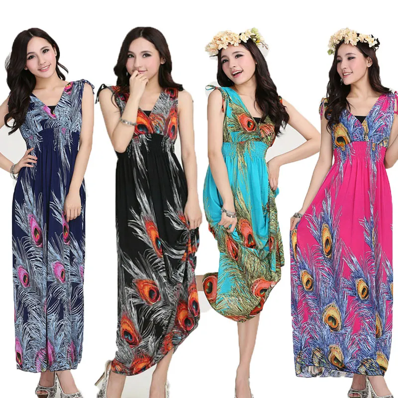 Summer Style Print Maxi Dresses Women Beach Club Casual Loose Chiffon Sleeveless V-Neck Long Elegant Bohemian Dress