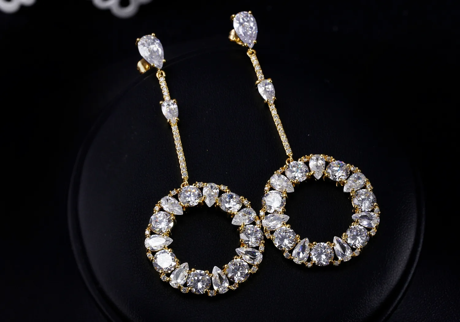 74 MM Long Earrings, 18K Gold plate Setting with Cubic Zirconia, Round Pendant Earrings