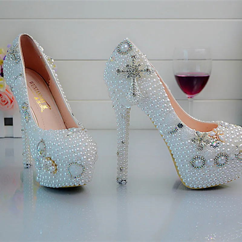 Crystal Wedding Shoes Cross Rhinestone Bridal Klänning Skor Vit Pearl Platform Skor Födelsedagsfest Promumpar Storlek 45