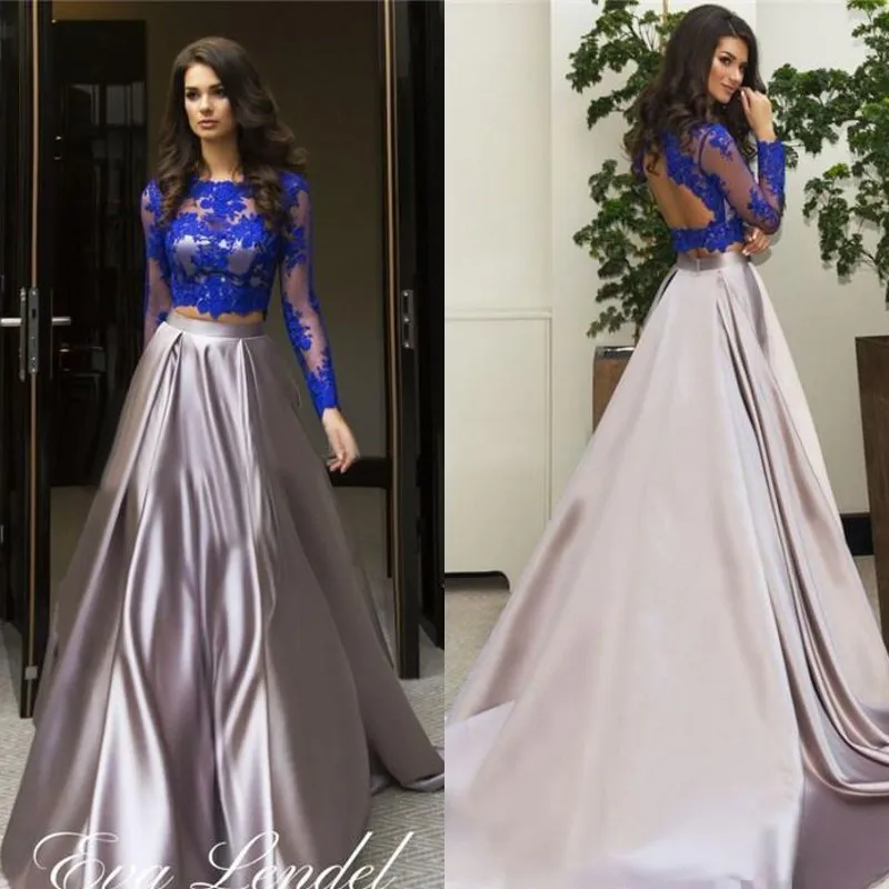 Charming 2020 Two Pieces Evening Dresses Long Sleeves Illusion Blue Crop Top Stretch Satin A Line Silver Skirt Formal Gowns Custom Size