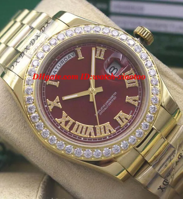 Montres de luxe Hommes Or 18 carats Date Cadran Rouge Roman 118348 Diamant Lunette 41mm Mécanique lisse coulissante Montre Homme Montre-Bracelet