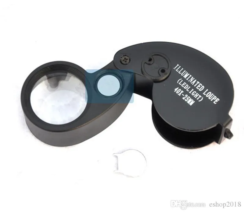 Folding 40X 25mm Glasses Magnifier Jewelry Watch Compact Lupa Led