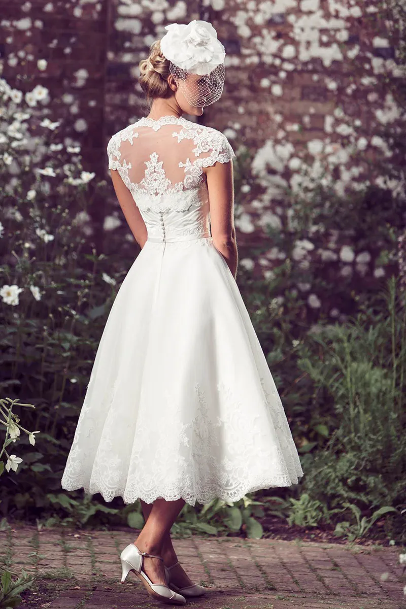 Elegant Tea Length Lace Tea Length Wedding Dress With Appliques, Jacket ...