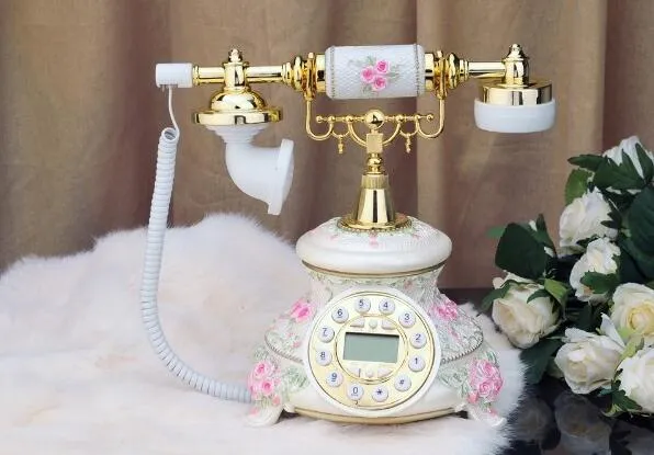 Aneng Retro Vintageアンティークスタイルの花柄セラミック家の装飾の机の電話ヴィンテージの木製のホームフィット固定電話