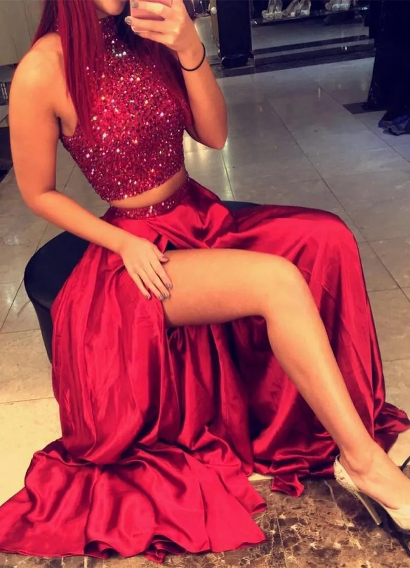 burgundy dress 2 piece Burgundy Two Pieces Chiffon Long Prom Dress, Evening Dress – shopluu main image 0
