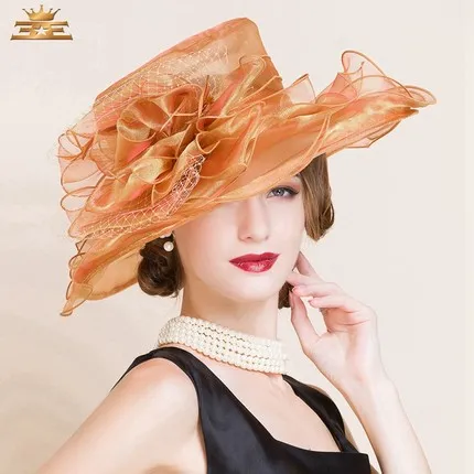 2015 Ladies Church Hats Organza Wedding Hat Handmade Flowers Women Hats Wide Brim Hats Wedding Party Accessories Custom Made For Women