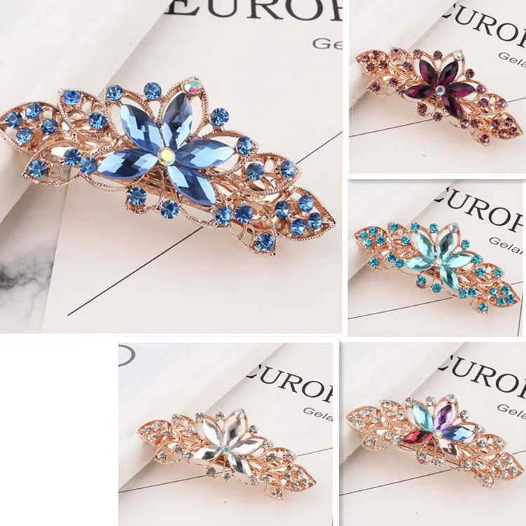 Rhinestone Crystal Gold Plated Floral Hair Barrette Faship Black Crystal Rose Gold Plated Floral Hair Barrette  main image 4