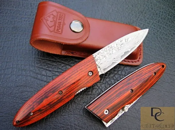 Handgemaakte DK032 Classic Furuta Damascus vouwmes Damascus Blade Kleur Houten Handvat Hoge Kwaliteit met leren schede