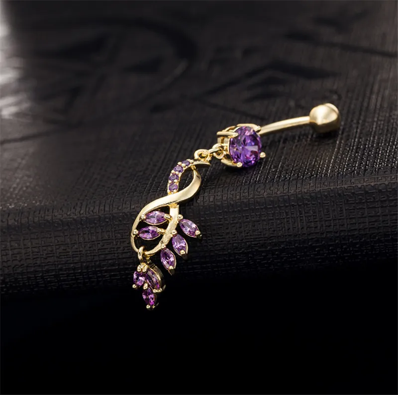 18K Yellow Gold Plated Crystal Leaf Long Tassesl Belly Ring Bar Button Ring Body Piercing Jewelry for Women