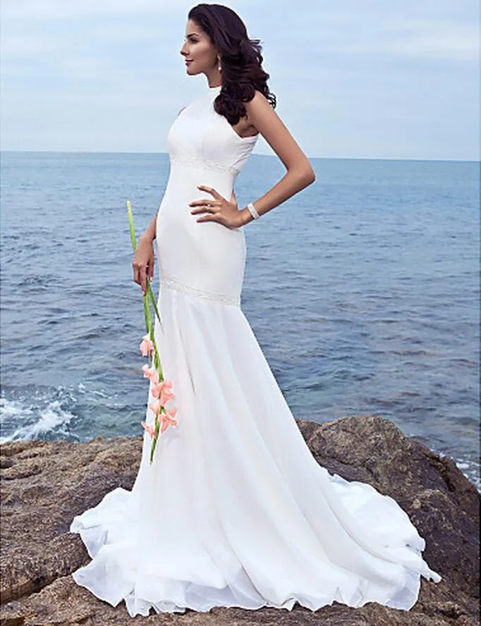 Halter Chiffon Beach Mermaid Trouwjurken Kralen Taille Zomer Backless Bridal Jurken Sweep / Brush Trein Bruidsjurken