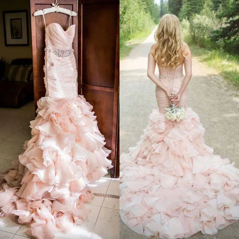 Gorgeous 2016 Blush Pink Organza Mermaid Wedding Dresses Cheap Spaghetti Ruched Ruffles Fish Tail Chapel Bridal Gowns Custom Made EN414