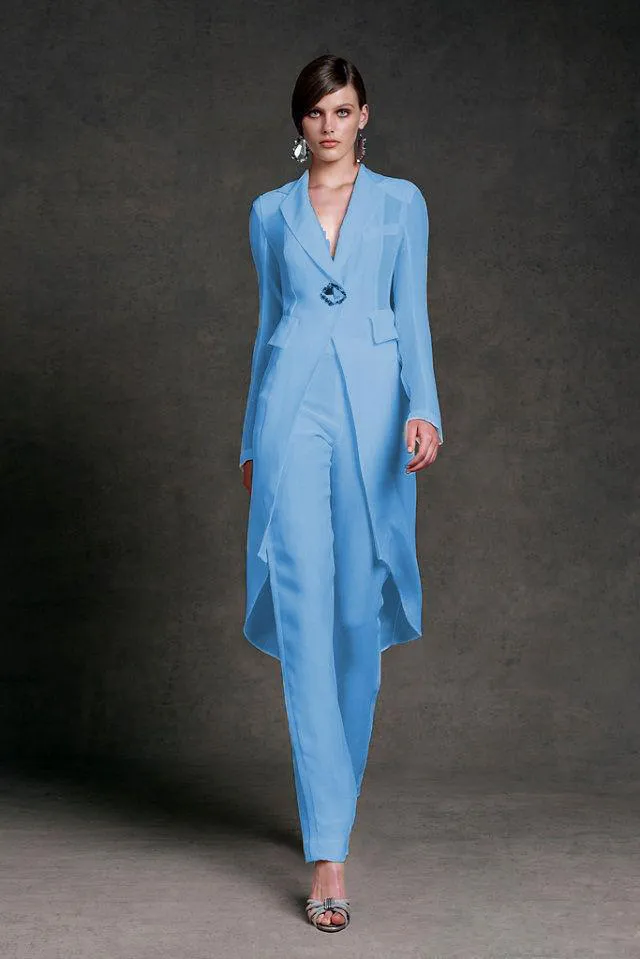 Blue Mother Of Bridal Pant Suits For Wedding V Neck Mothers Formal