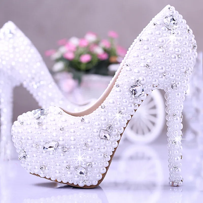 White Pearl Elegant Honeymoon Pumps Rhinestone Wedding Dress Shoes Gorgeous Bridal Shoes 14cm Super High Heel Heels Plus Size