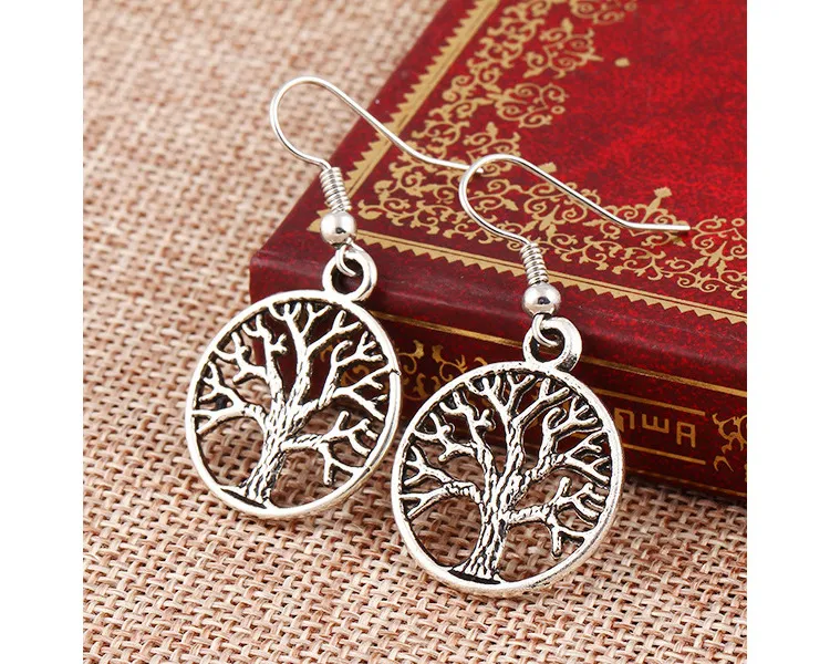 Antique Silver Tree Of Life Charm Earrings 925 Silver Fish Ear Hook Chandelier