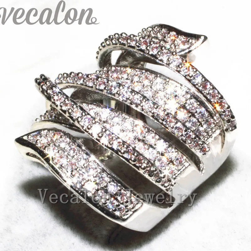 Vecalonファッションの舗装舗装の舗装の170pcsシミュレートされたダイヤモンドCZの婚約の結婚式のバンドリングの女性10ktホワイトゴールド充填パーティリング
