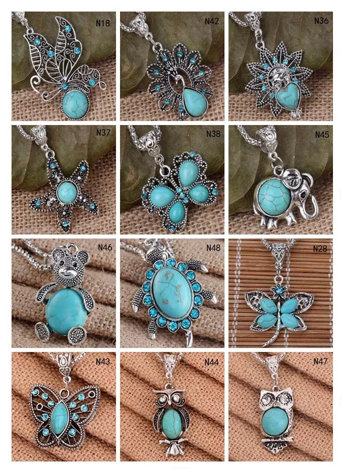 Fashion women's DIY Tibetan silver turquoise necklace(with chain) 12 pieces a lot mixed style,animal European Beads pendant necklace EMTQN4