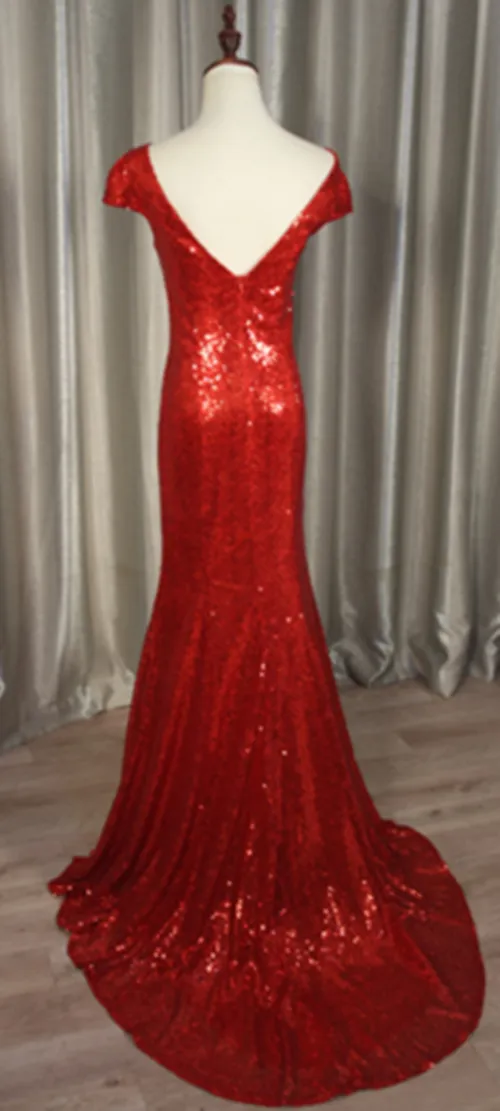 Scoop Neck Sequin Mermaid Evening Dress With Short Sleeves 2019 Floor Length Evening Gowns Real Po5683141