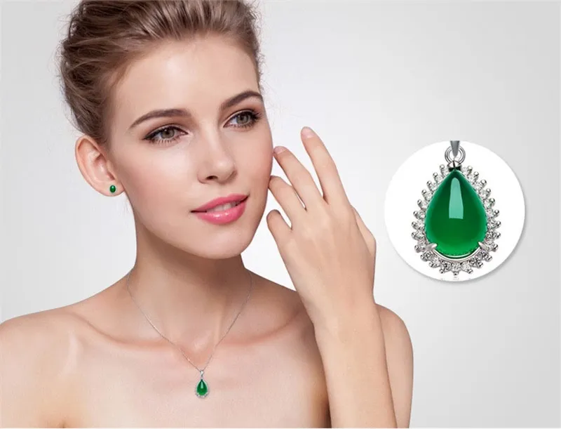 Yhamni Original Natural Green Gem Malay Kamień Wisiorek 925 Sterling Silver Naszyjnik Moda Kryształ Wisiorek Naszyjnik Biżuteria Hurtownie XD276