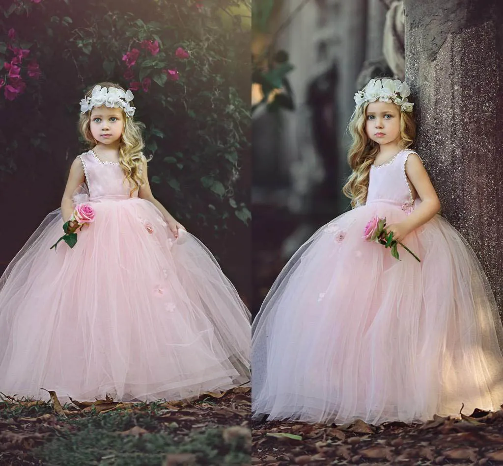 New Blush Pink Ball Gown Flower Girls Dresses 2018 Puffy Tulle Floor