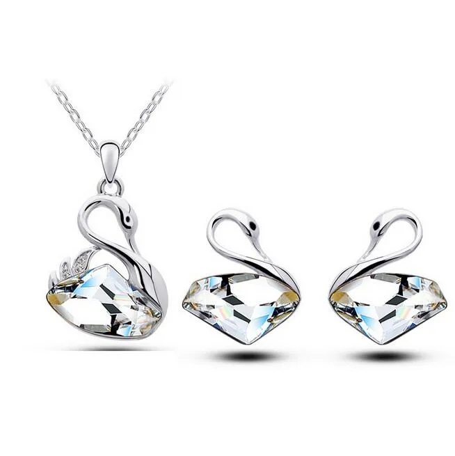 18K Gold Silver Plated Swan Austrian Crystal Necklace Earrings Jewelry Sets for Women Wholesale Price