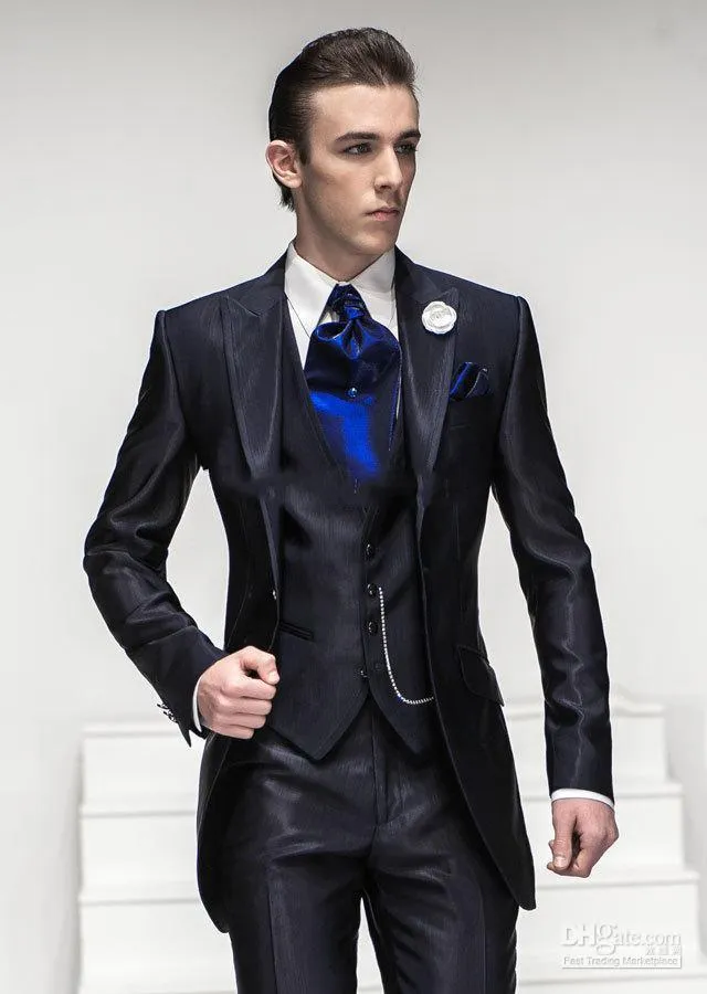 Three Pieces 2016 Hot Sale Blue Groom Tuxedos One Button Best Man Party ...