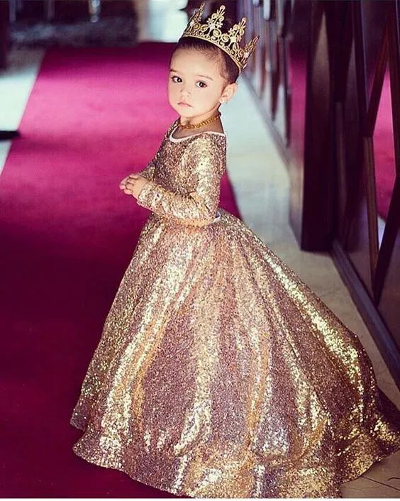 Gold Sequin Peuter Baljurken Meisjes Pageant Jurken Jewel Lange Mouwen Formele Kids Party Gown Bloemenmeisje Jurken voor Weddings242R