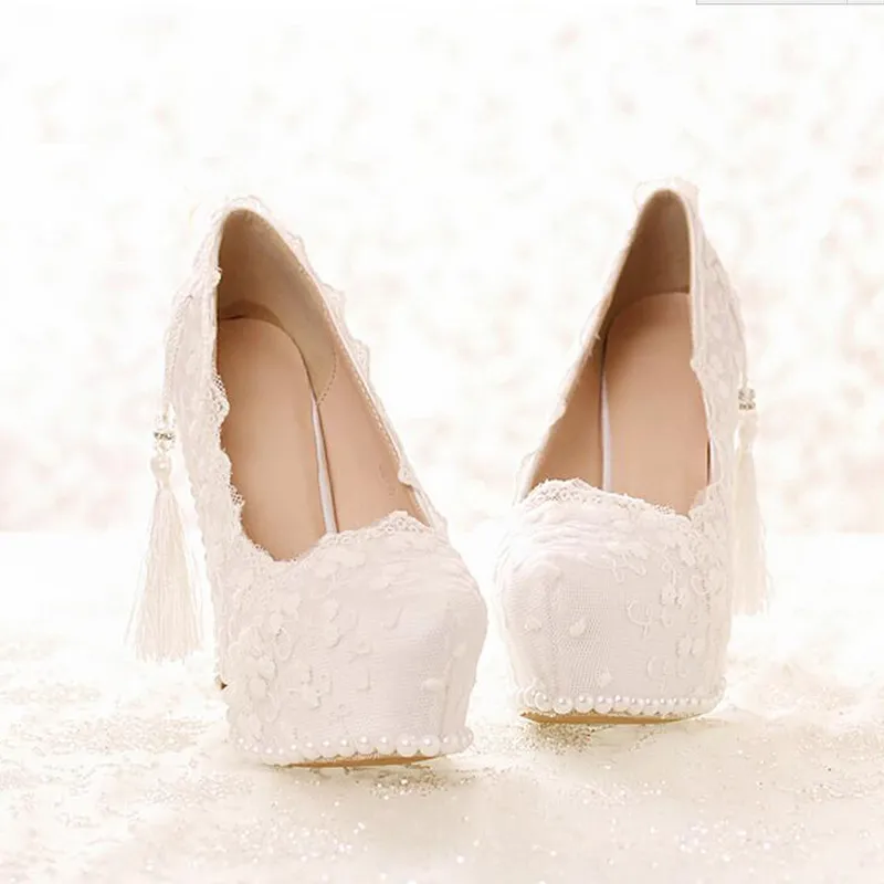 Sweetness White Lace Bridal Dress Shoes Spring and Summer Lady High Heels Wedding Party Satin Shose Graduation Party Prom Pumps