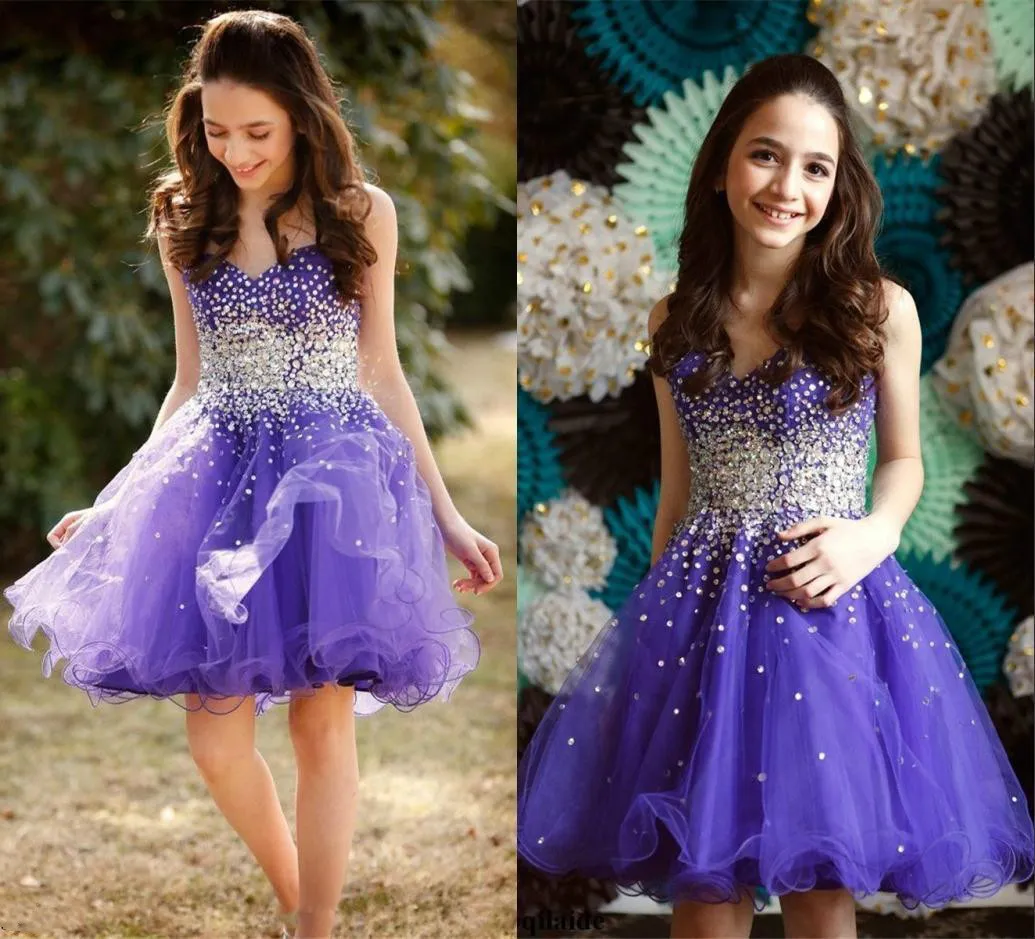 Purple Sexy Organza Girls Pageant Dresses Sweetheart Mini Short Pageant Dresses For Teens Crystal Juniors Flower Girl Gown 2017 8T 14T Girl