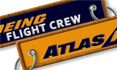 Atlas Airlines Boeing Flight Crew Bagage Geborduurde Tags Fabriek Prijs Sleutelhangers Stof Sleutelhanger 13x2.8cm 